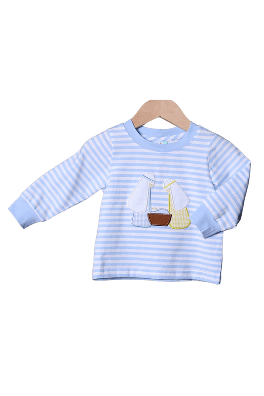 The Smocked Flamingo Apparel & Accessories Applique Nativity Blue Stripe Shirt