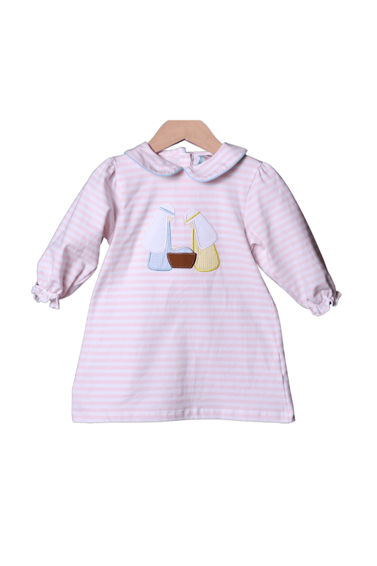 The Smocked Flamingo Apparel & Accessories Applique Nativity Pink Stripe Dress