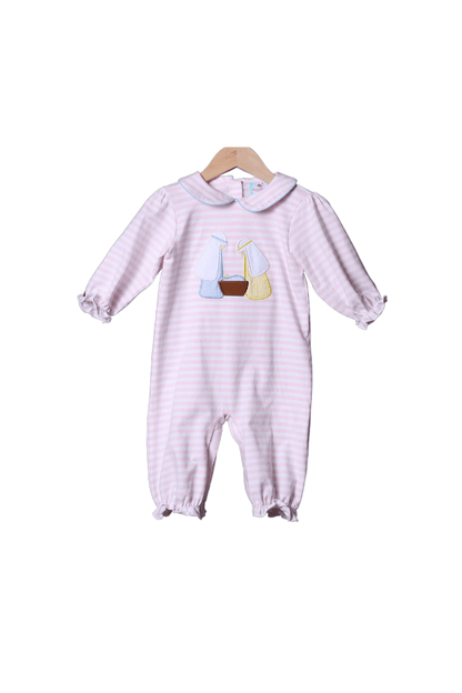 The Smocked Flamingo Apparel & Accessories Applique Nativity Pink Stripe Romper