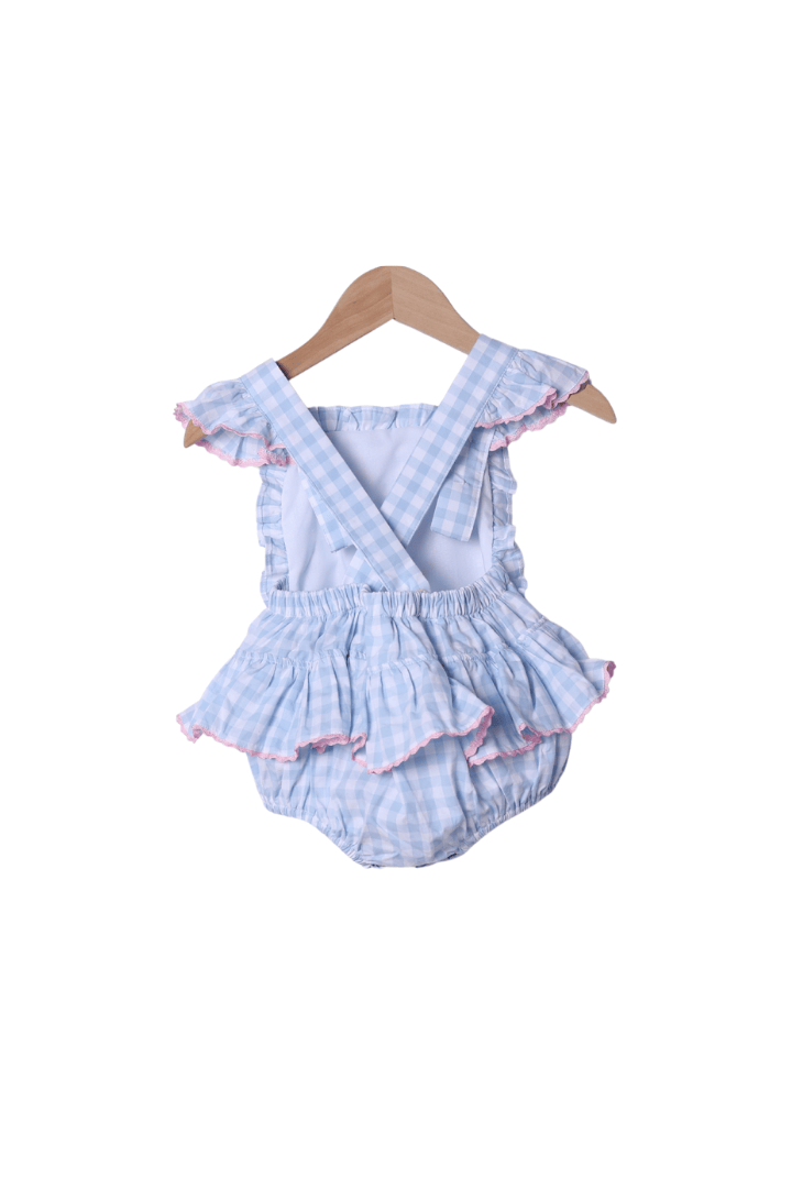 The Smocked Flamingo Apparel & Accessories Applique Party Goose Blue Gingham Ruffle Bubble