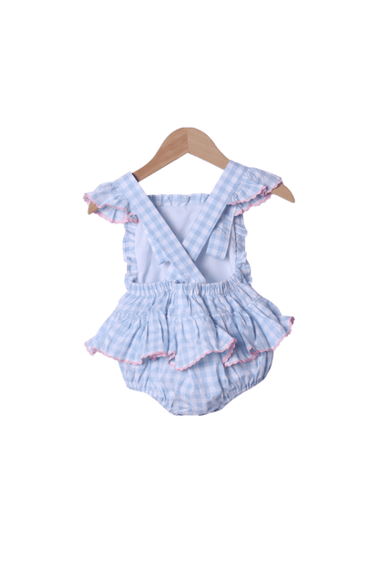 The Smocked Flamingo Apparel & Accessories Applique Party Goose Blue Gingham Ruffle Bubble