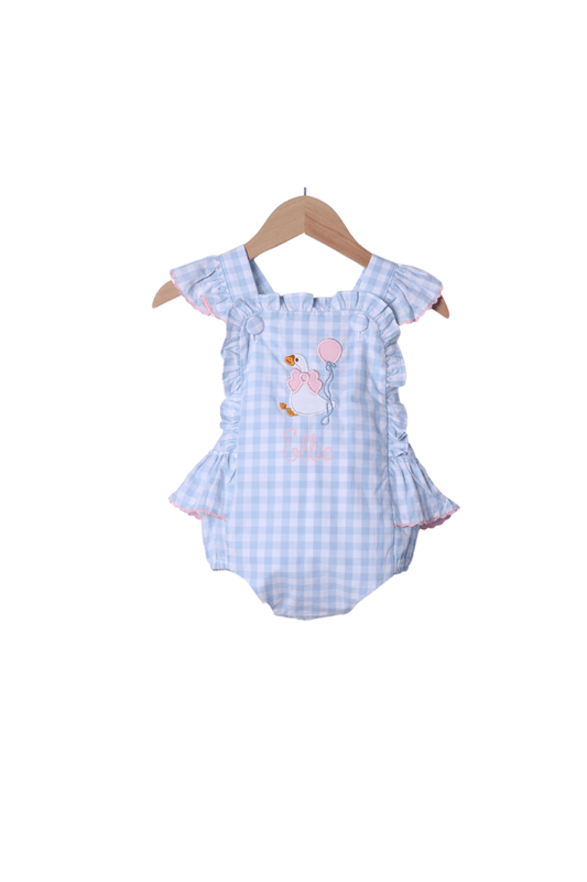 The Smocked Flamingo Apparel & Accessories Applique Party Goose Blue Gingham Ruffle Bubble
