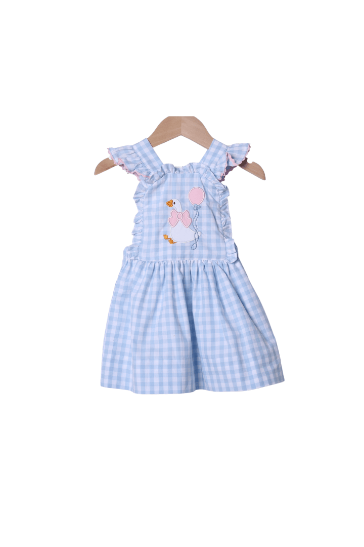 The Smocked Flamingo Apparel & Accessories Applique Party Goose Blue Gingham Ruffle Dress