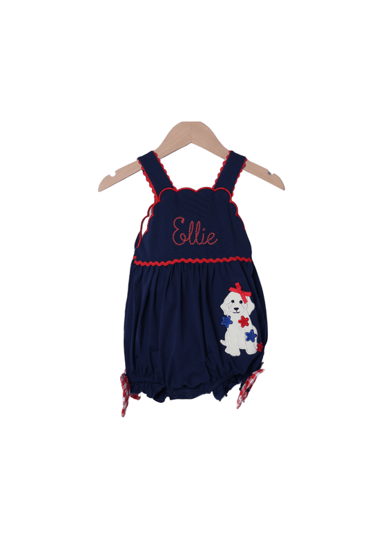 The Smocked Flamingo Apparel & Accessories Applique Patriotic Pup Navy/Gingham Bubble