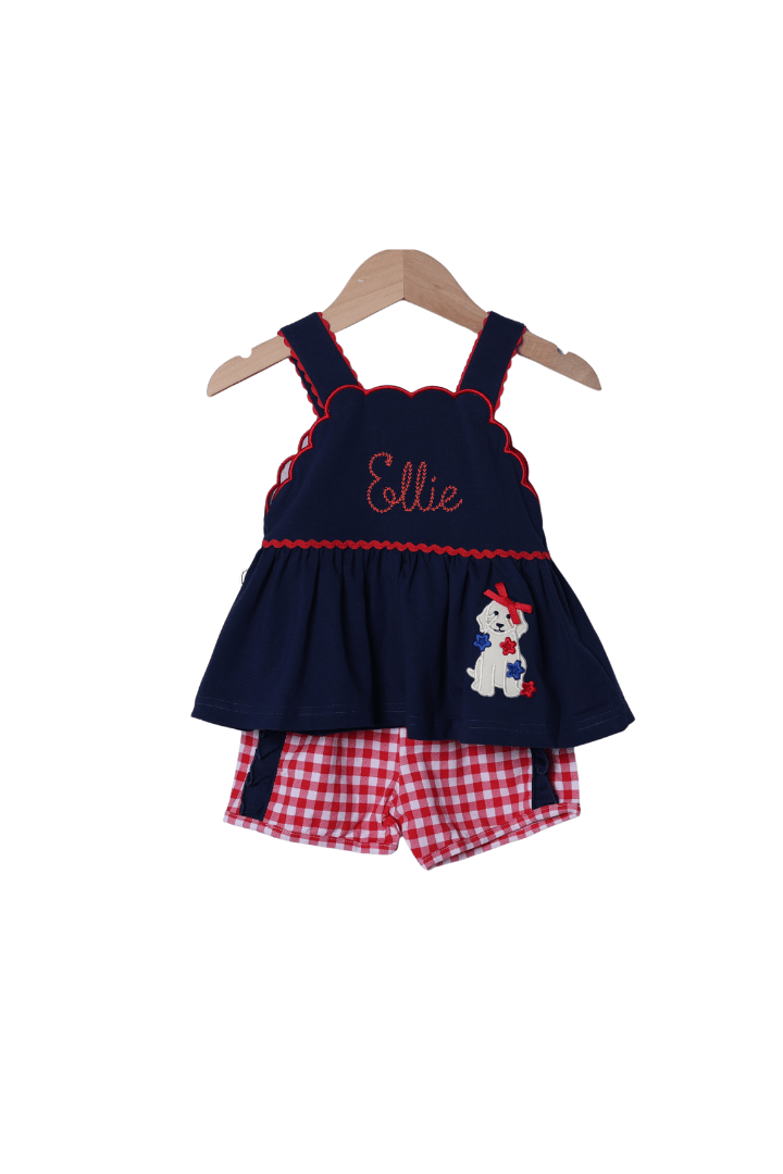 The Smocked Flamingo Apparel & Accessories Applique Patriotic Pup Navy/Gingham Short Set