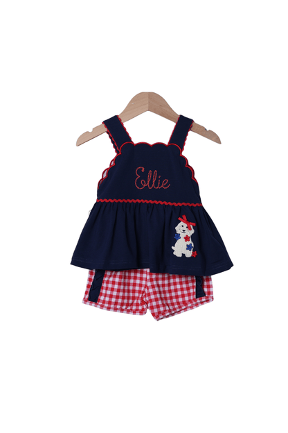 The Smocked Flamingo Apparel & Accessories Applique Patriotic Pup Navy/Gingham Short Set