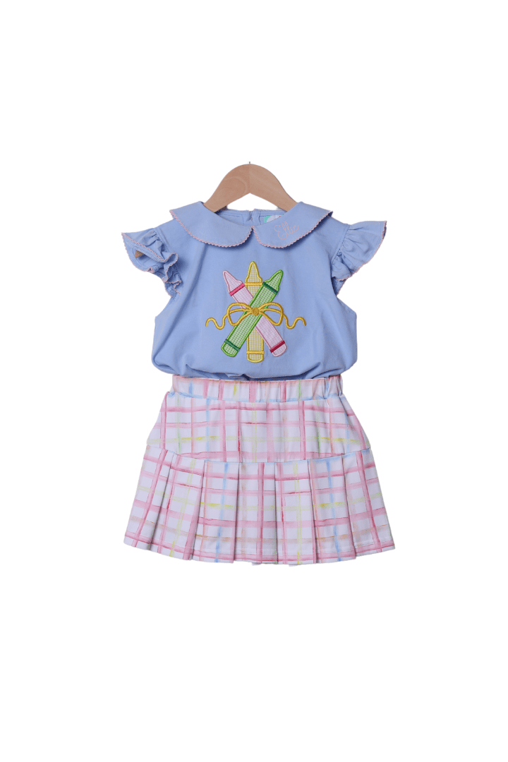 The Smocked Flamingo Apparel & Accessories Applique Pencil Pastel Plaid Skort Set
