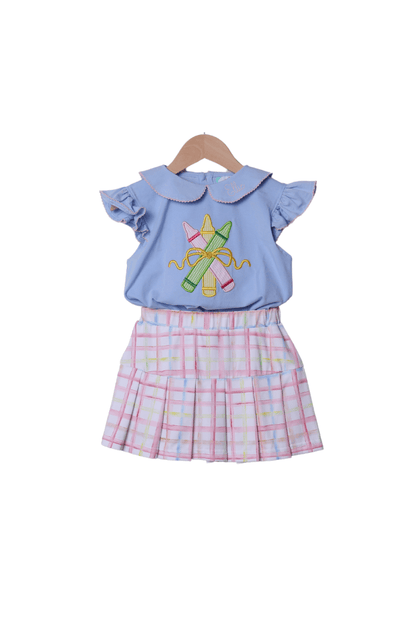 The Smocked Flamingo Apparel & Accessories Applique Pencil Pastel Plaid Skort Set