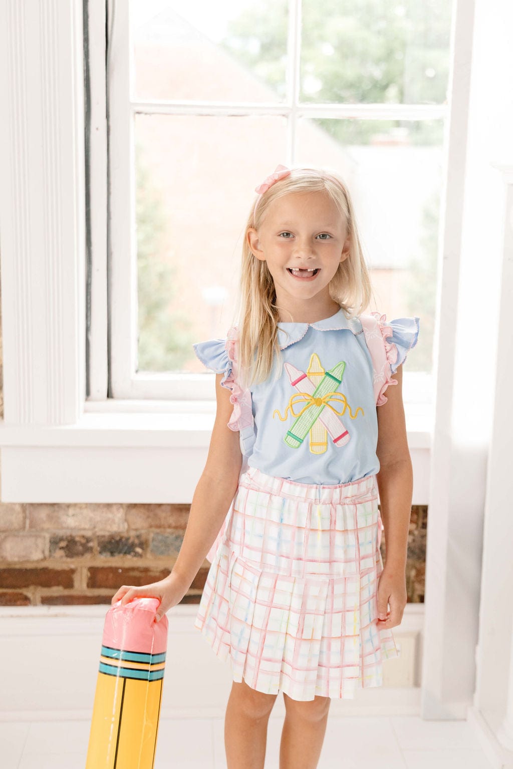 The Smocked Flamingo Apparel & Accessories Applique Pencil Pastel Plaid Skort Set