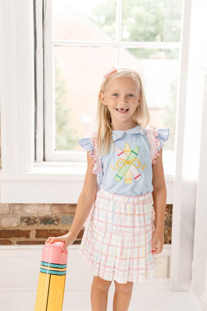 The Smocked Flamingo Apparel & Accessories Applique Pencil Pastel Plaid Skort Set