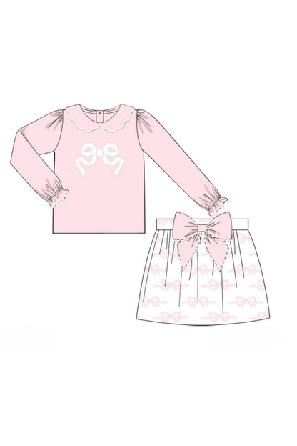 The Smocked Flamingo Apparel & Accessories Applique Pink Bow Knit Skort Set