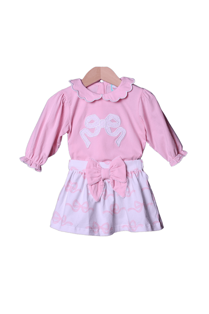 The Smocked Flamingo Apparel & Accessories Applique Pink Bow Knit Skort Set