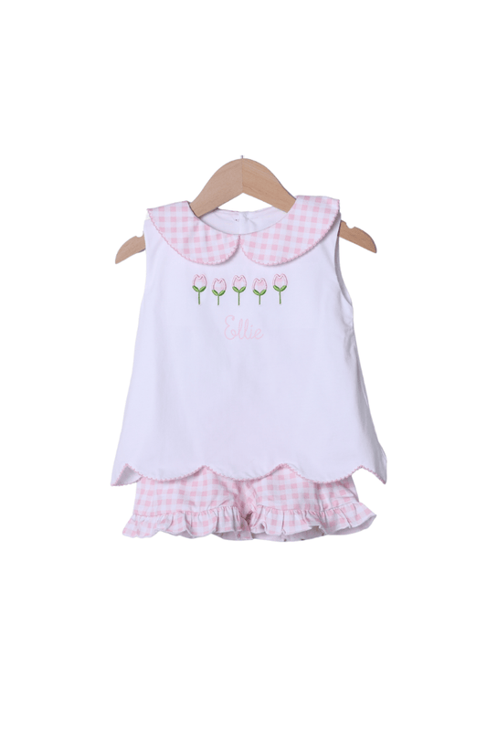 The Smocked Flamingo Apparel & Accessories Applique Pink Gingham Tulips Short Set