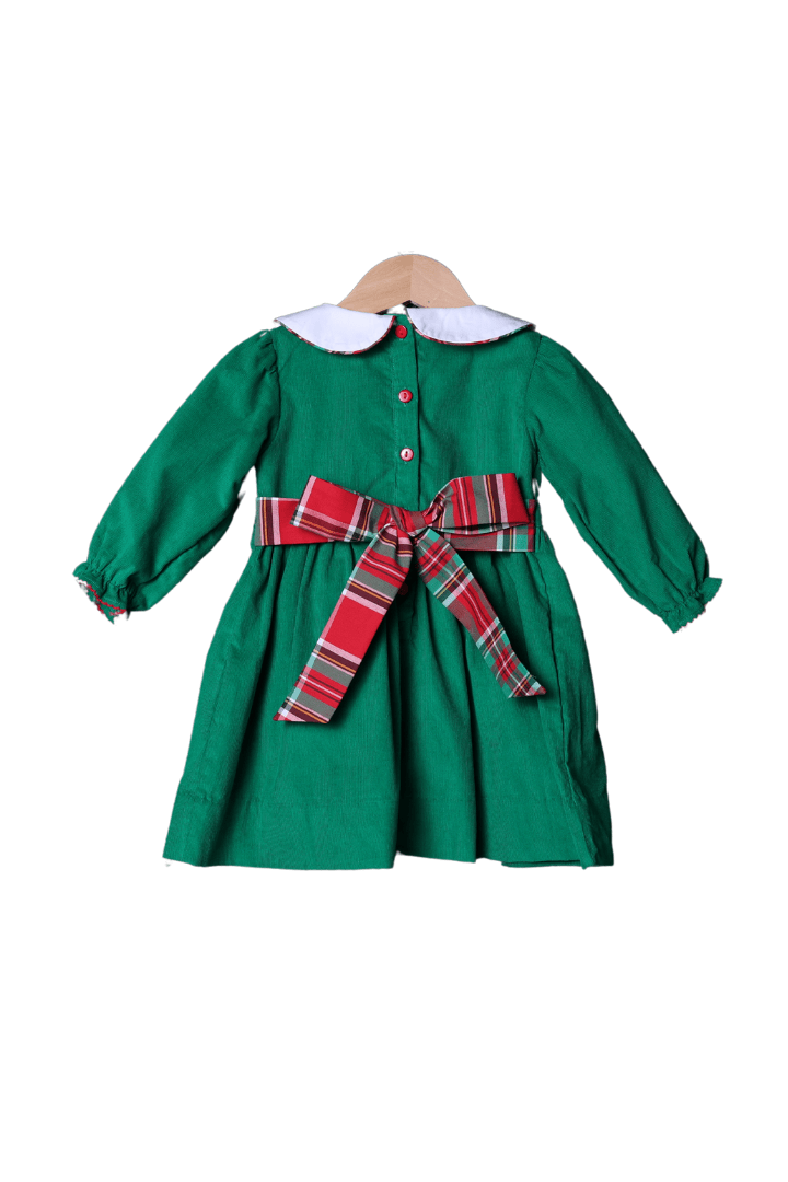 The Smocked Flamingo Apparel & Accessories Applique Plaid Merry Christmas Tree Green Corduroy Dress