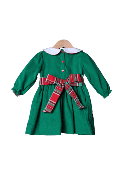 The Smocked Flamingo Apparel & Accessories Applique Plaid Merry Christmas Tree Green Corduroy Dress