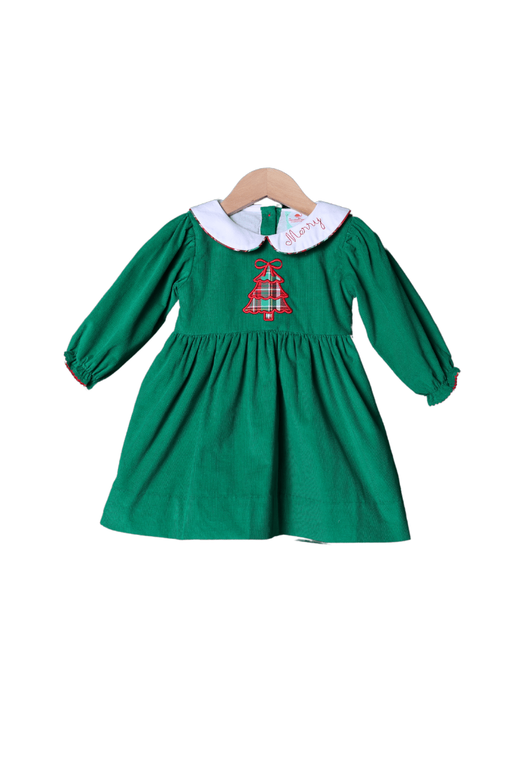 The Smocked Flamingo Apparel & Accessories Applique Plaid Merry Christmas Tree Green Corduroy Dress