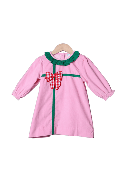 The Smocked Flamingo Apparel & Accessories Applique Present Pink Corduroy Dress