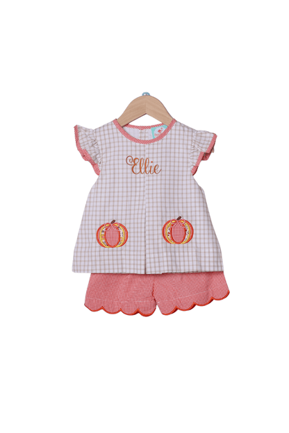 The Smocked Flamingo Apparel & Accessories Applique Pumpkin Khaki Windowpane Flutter Sleeve Short Set