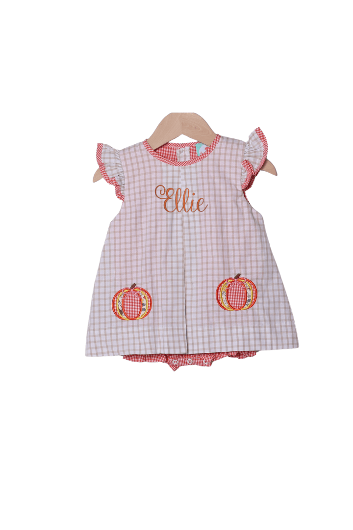 The Smocked Flamingo Apparel & Accessories Applique Pumpkin Khaki Windowpane Flutter Sleeve Skirted Bubble