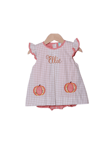 The Smocked Flamingo Apparel & Accessories Applique Pumpkin Khaki Windowpane Flutter Sleeve Skirted Bubble