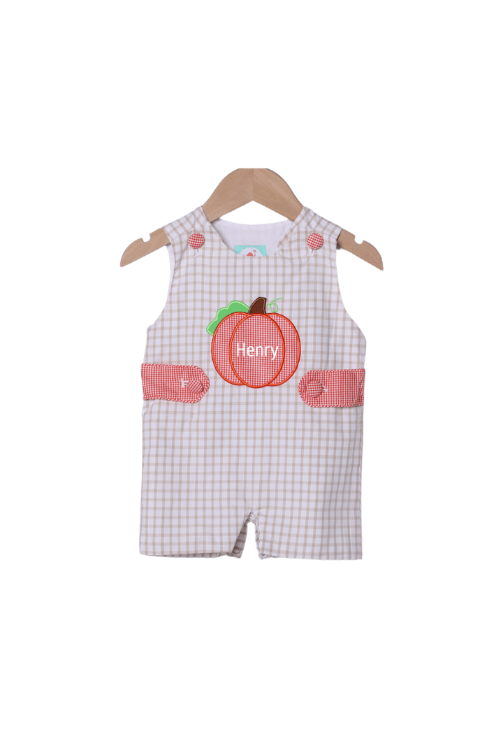 The Smocked Flamingo Apparel & Accessories Applique Pumpkin Khaki Windowpane Jon Jon