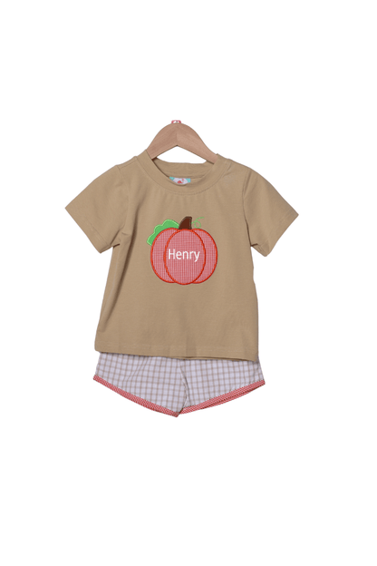 The Smocked Flamingo Apparel & Accessories Applique Pumpkin Khaki Windowpane Short Set