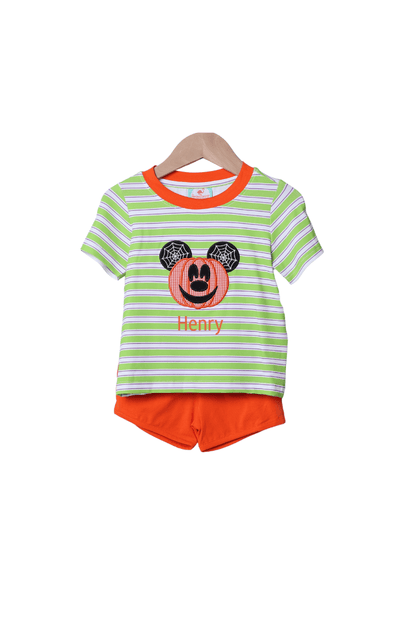 The Smocked Flamingo Apparel & Accessories Applique Pumpkin Mouse Short Set