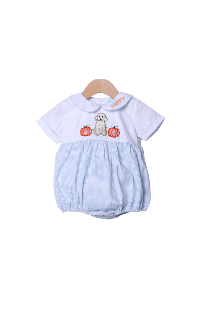 The Smocked Flamingo Apparel & Accessories Applique Pup and Pumpkins Blue Gingham Bubble