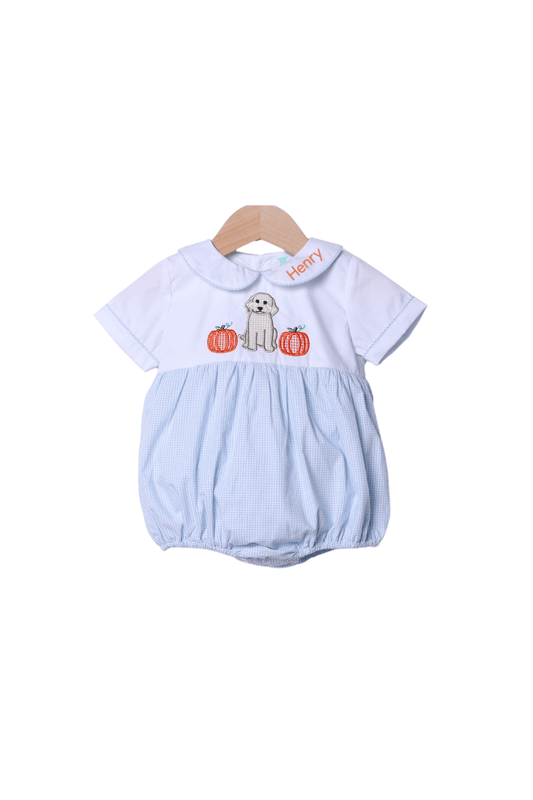The Smocked Flamingo Apparel & Accessories Applique Pup and Pumpkins Blue Gingham Bubble