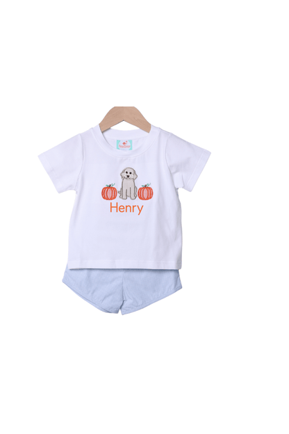 The Smocked Flamingo Apparel & Accessories Applique Pup and Pumpkins Blue Gingham Short Set