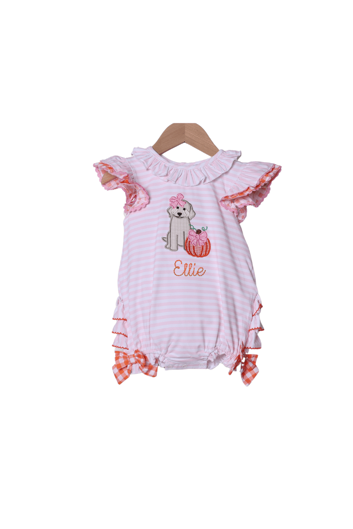 The Smocked Flamingo Apparel & Accessories Applique Pup and Pumpkins Pink and Orange Bubble