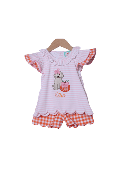The Smocked Flamingo Apparel & Accessories Applique Pup and Pumpkins Pink and Orange Short Set