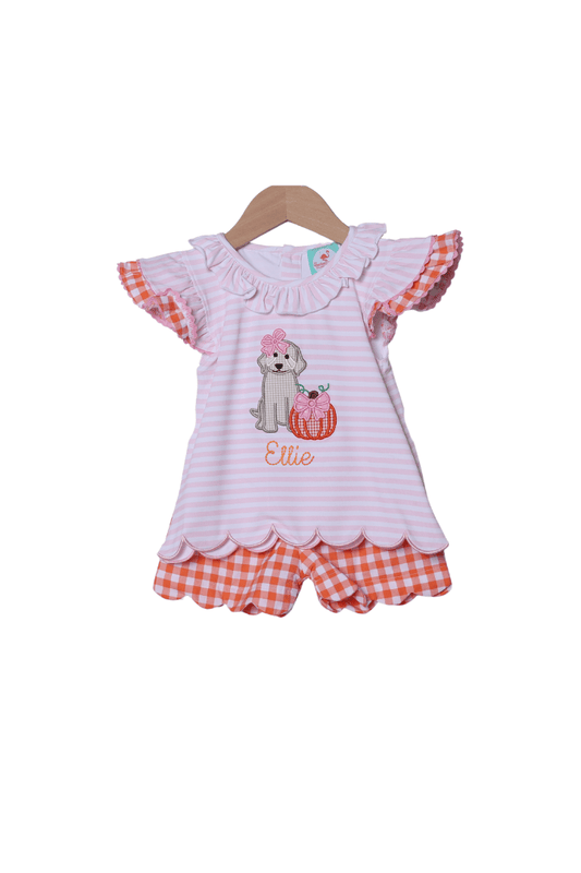 The Smocked Flamingo Apparel & Accessories Applique Pup and Pumpkins Pink and Orange Short Set