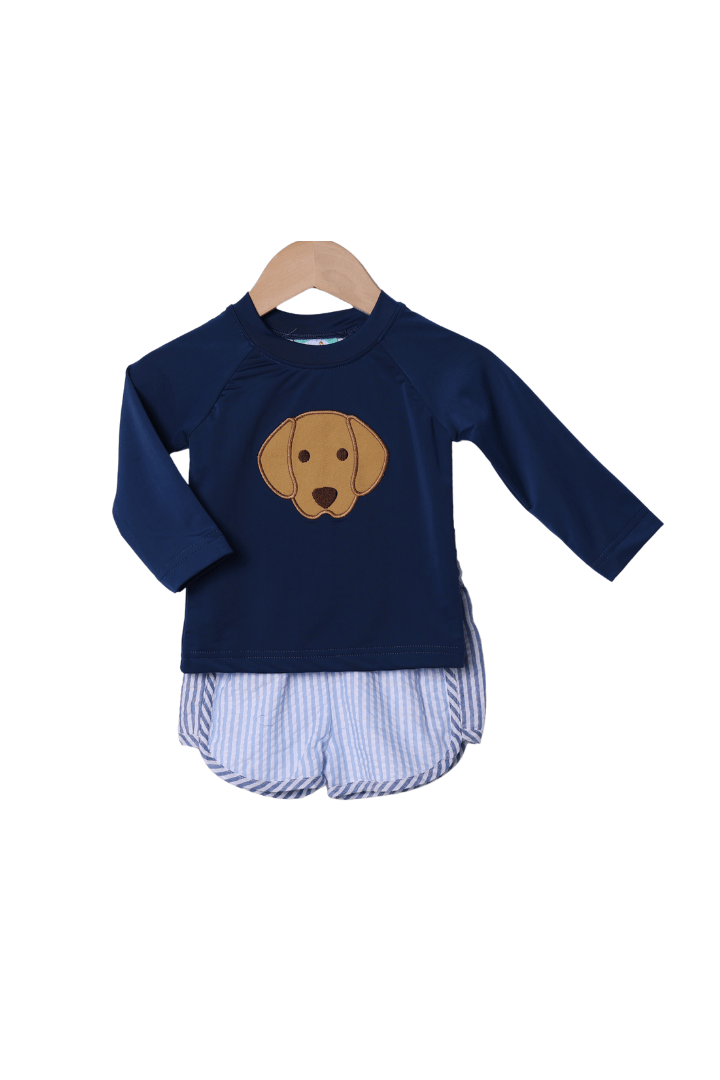 The Smocked Flamingo Apparel & Accessories Applique Puppy Blue Seersucker 2pc Rash Guard and Trunks