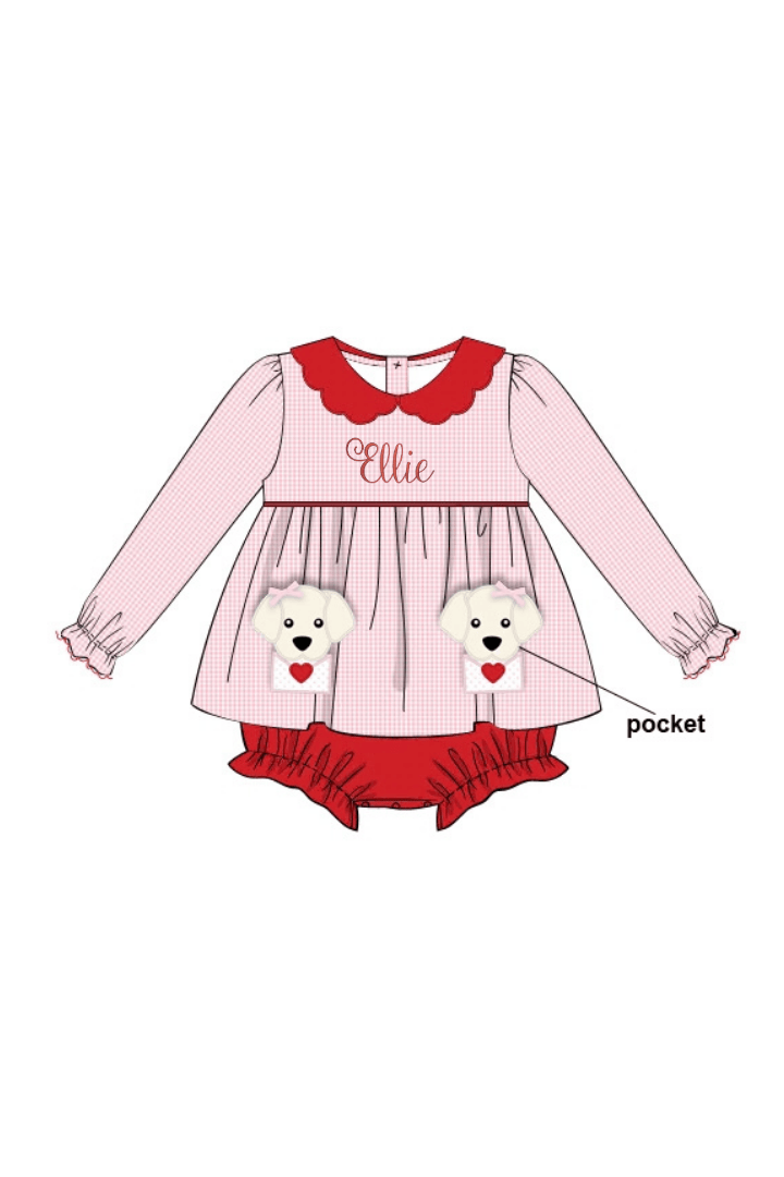 The Smocked Flamingo Apparel & Accessories Applique Puppy Love Pink Gingham Bubble