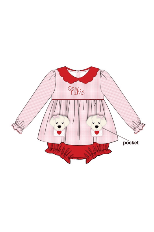The Smocked Flamingo Apparel & Accessories Applique Puppy Love Pink Gingham Bubble
