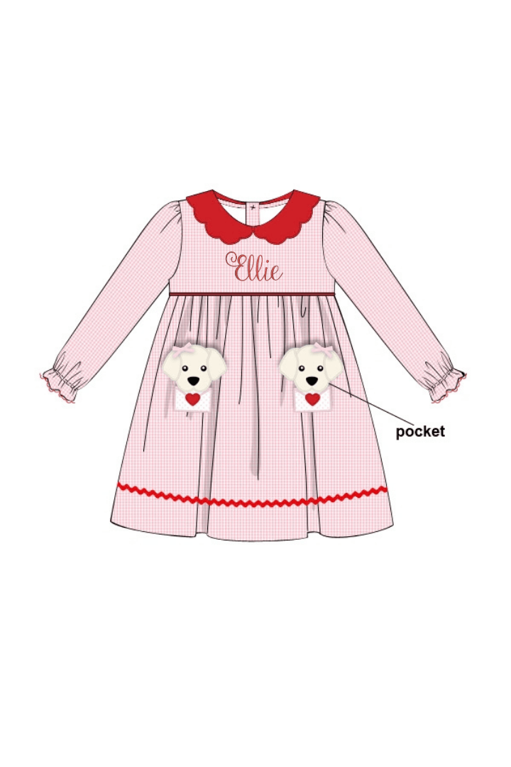 The Smocked Flamingo Apparel & Accessories Applique Puppy Love Pink Gingham Dress