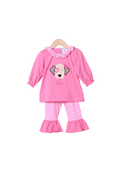 The Smocked Flamingo Apparel & Accessories Applique Puppy Love Pink Polka Dot Knit Pant Set
