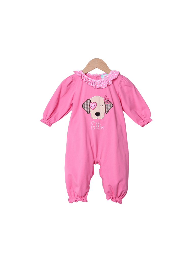 The Smocked Flamingo Apparel & Accessories Applique Puppy Love Pink Polka Dot Knit Romper