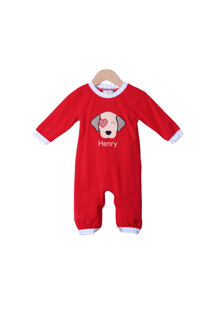 The Smocked Flamingo Apparel & Accessories Applique Puppy Love Red Knit/Gingham Romper