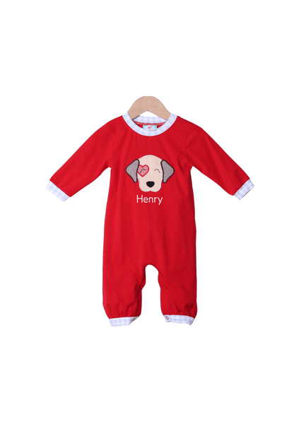 The Smocked Flamingo Apparel & Accessories Applique Puppy Love Red Knit/Gingham Romper