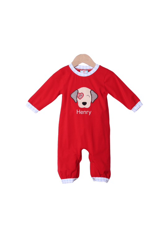 The Smocked Flamingo Apparel & Accessories Applique Puppy Love Red Knit/Gingham Romper