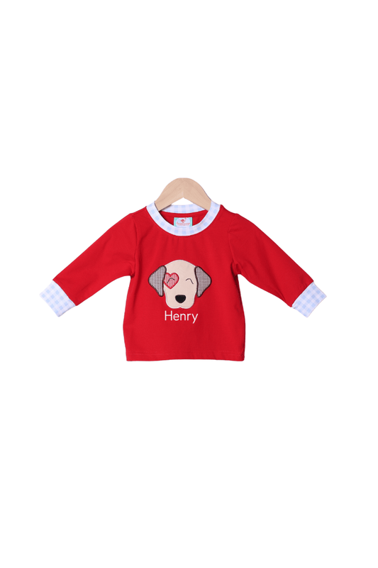 The Smocked Flamingo Apparel & Accessories Applique Puppy Love Red Knit/Gingham Shirt