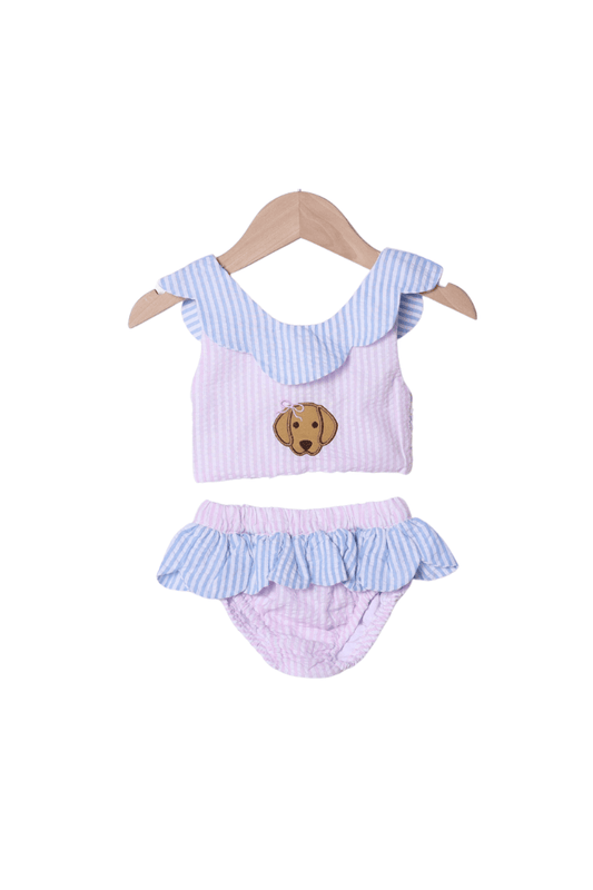 The Smocked Flamingo Apparel & Accessories Applique Puppy Pink/Blue Seersucker 2pc Swimsuit