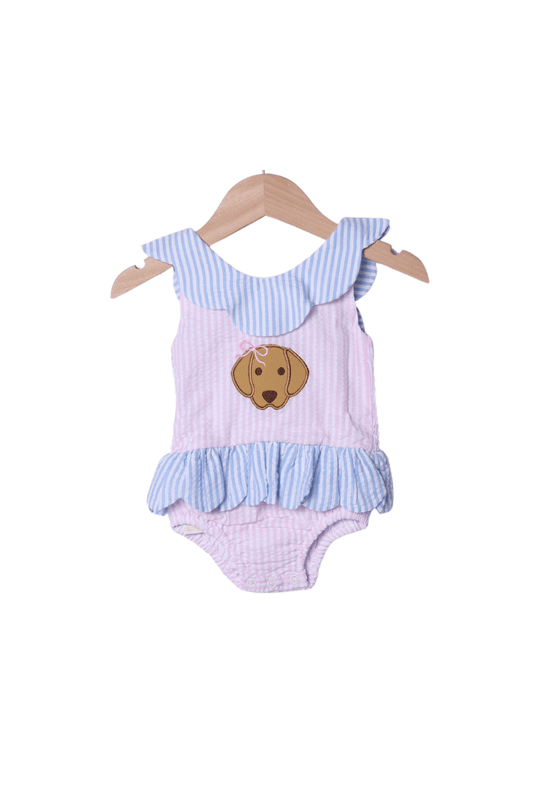 The Smocked Flamingo Apparel & Accessories Applique Puppy Pink/Blue Seersucker Swimsuit