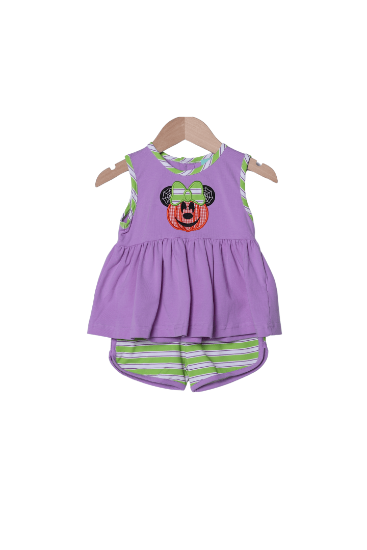 The Smocked Flamingo Apparel & Accessories Applique Purple Pumpkin Mouse Bow Short Set