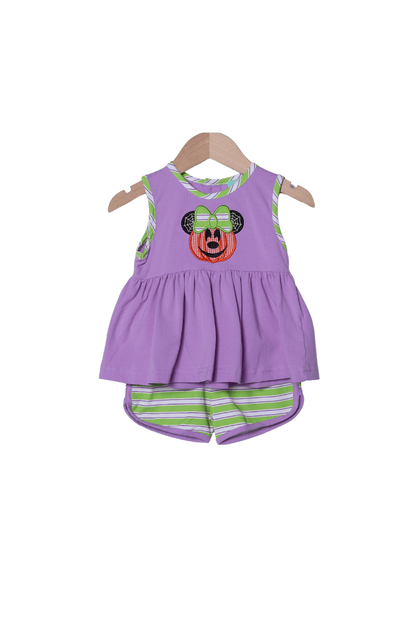 The Smocked Flamingo Apparel & Accessories Applique Purple Pumpkin Mouse Bow Short Set
