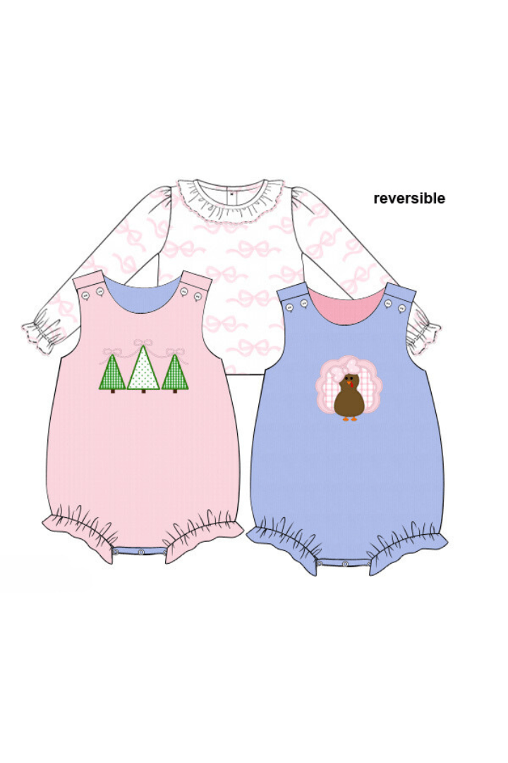 The Smocked Flamingo Apparel & Accessories Applique Reversible Turkey/Christmas Tree Corduroy Bubble Set