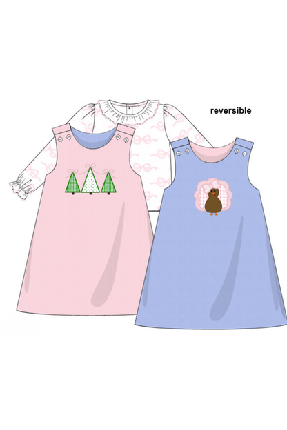 The Smocked Flamingo Apparel & Accessories Applique Reversible Turkey/Christmas Tree Corduroy Dress Set