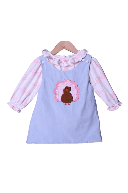 The Smocked Flamingo Apparel & Accessories Applique Reversible Turkey/Christmas Tree Corduroy Dress Set